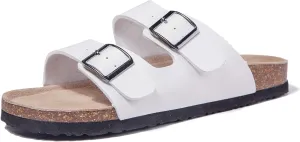 TF STAR Women 2-Strap Adjustable Buckle, Flat Casual Cork Slide Sandals,Slide Cork Footbed Sandals for Women