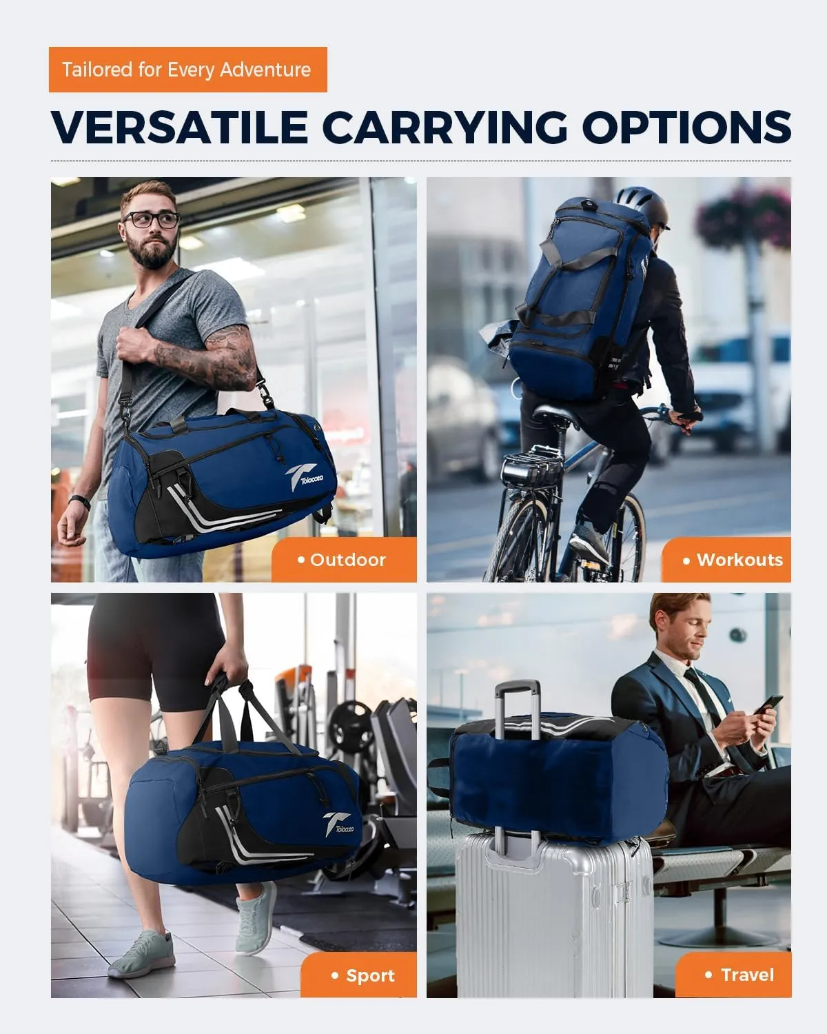 Tolaccea Gym Bags for Men Women, 45L Large Travel Duffel Bags with Shoe Compartment & Wet Pocket, Weekender Overnight Carry On Backpack Duffle Bag for Traveling Sports Workout (Blue)