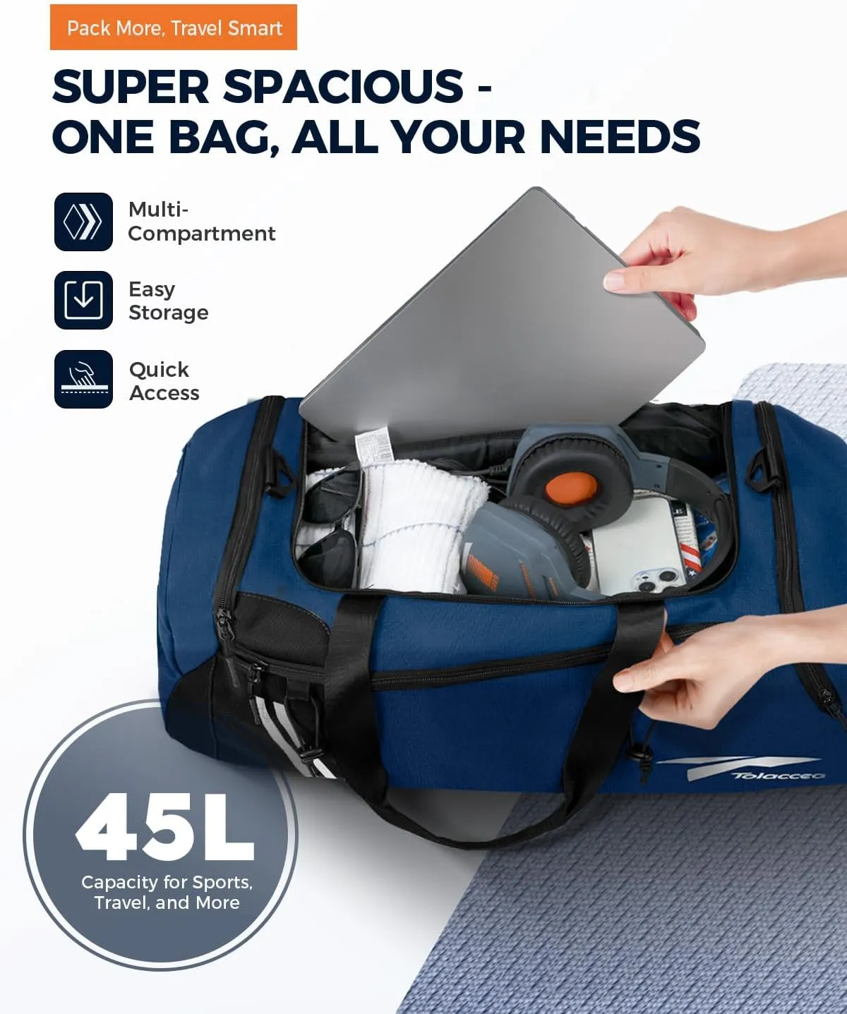 Tolaccea Gym Bags for Men Women, 45L Large Travel Duffel Bags with Shoe Compartment & Wet Pocket, Weekender Overnight Carry On Backpack Duffle Bag for Traveling Sports Workout (Blue)