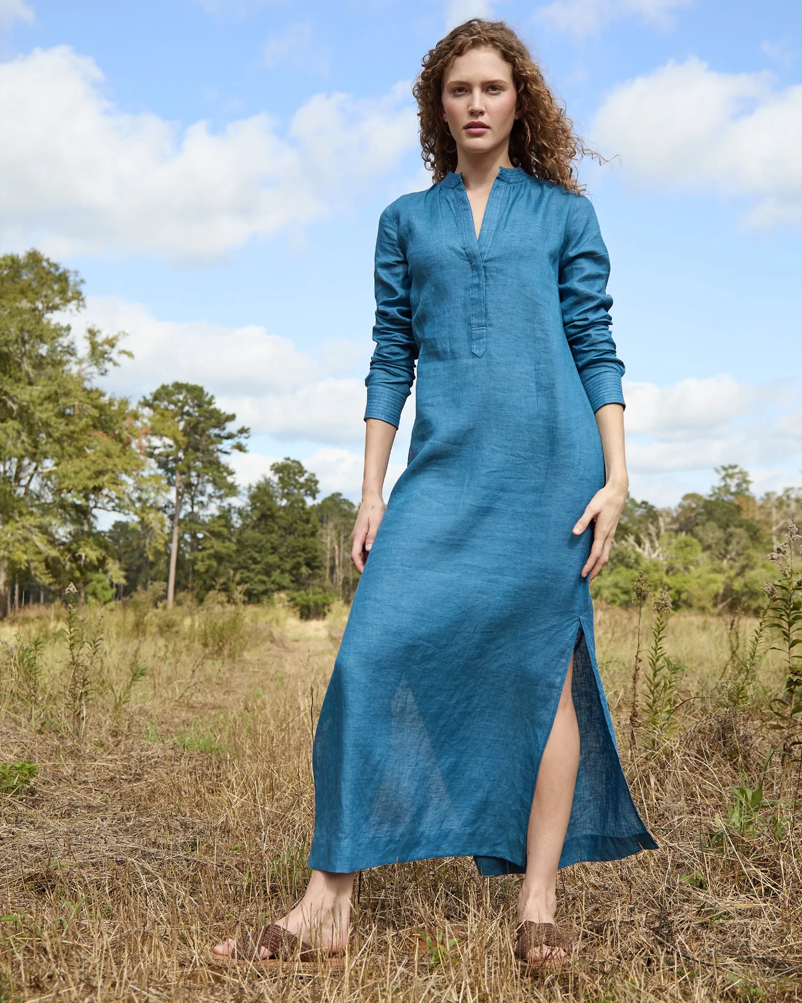Trapunto Talitha Dress in Blue Sahara Linen