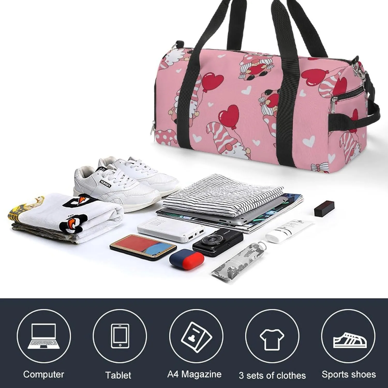 Valentine's Day Gnome Pink Duffel Bag with Shoe Compartment Lightweight for Travel Gym
