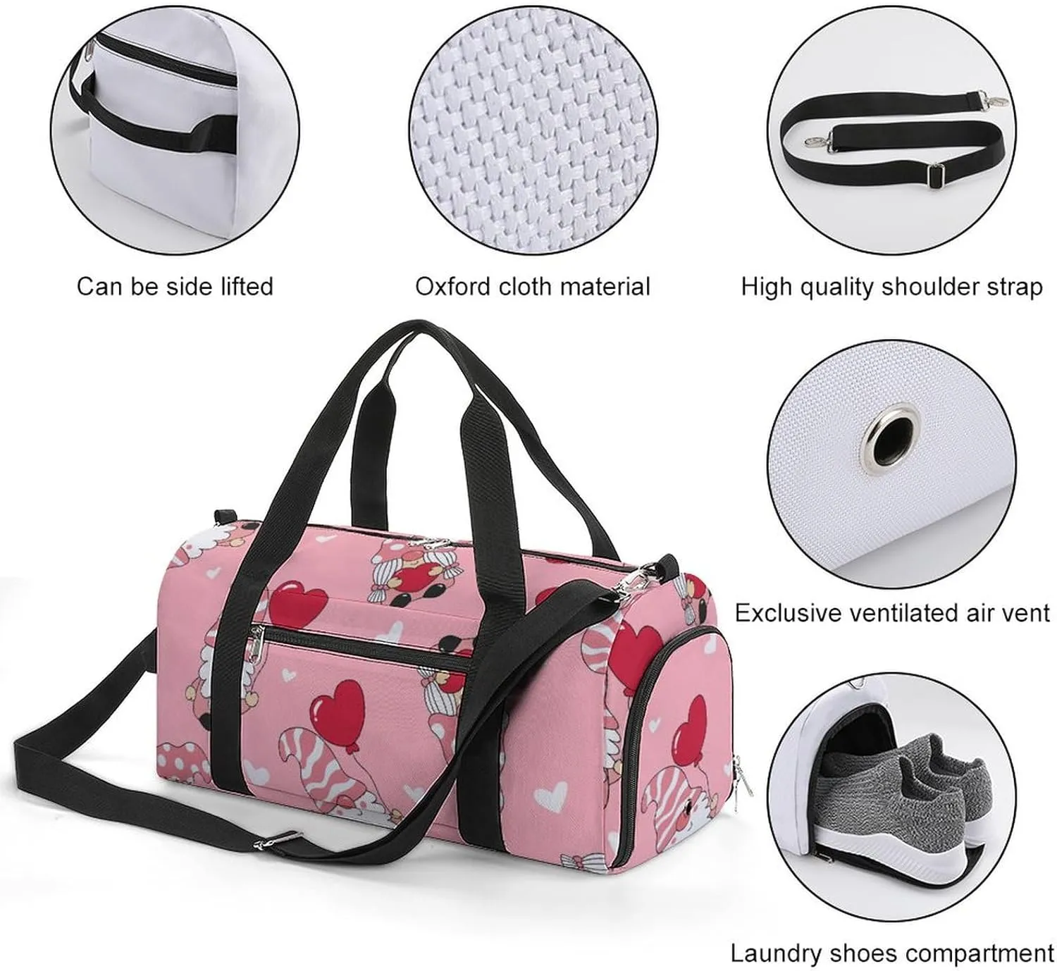 Valentine's Day Gnome Pink Duffel Bag with Shoe Compartment Lightweight for Travel Gym