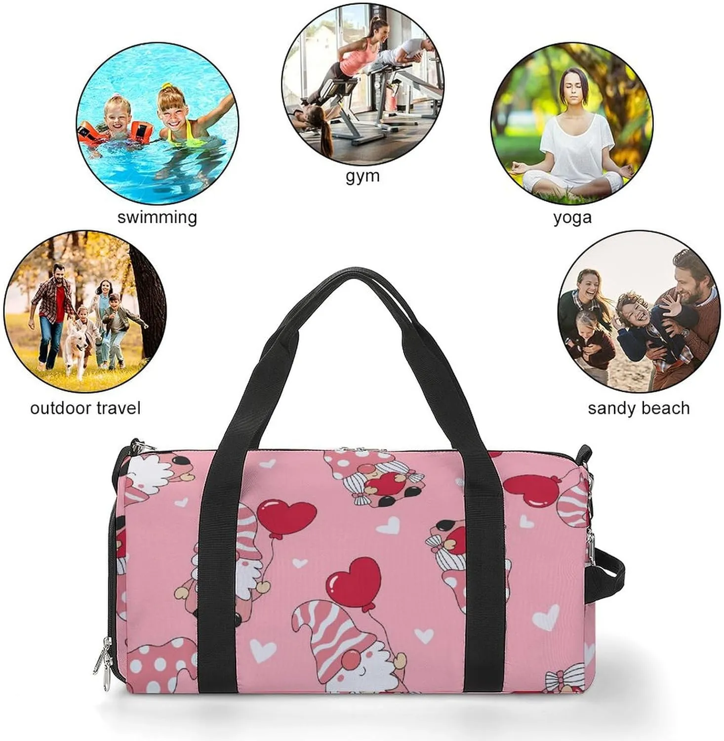 Valentine's Day Gnome Pink Duffel Bag with Shoe Compartment Lightweight for Travel Gym