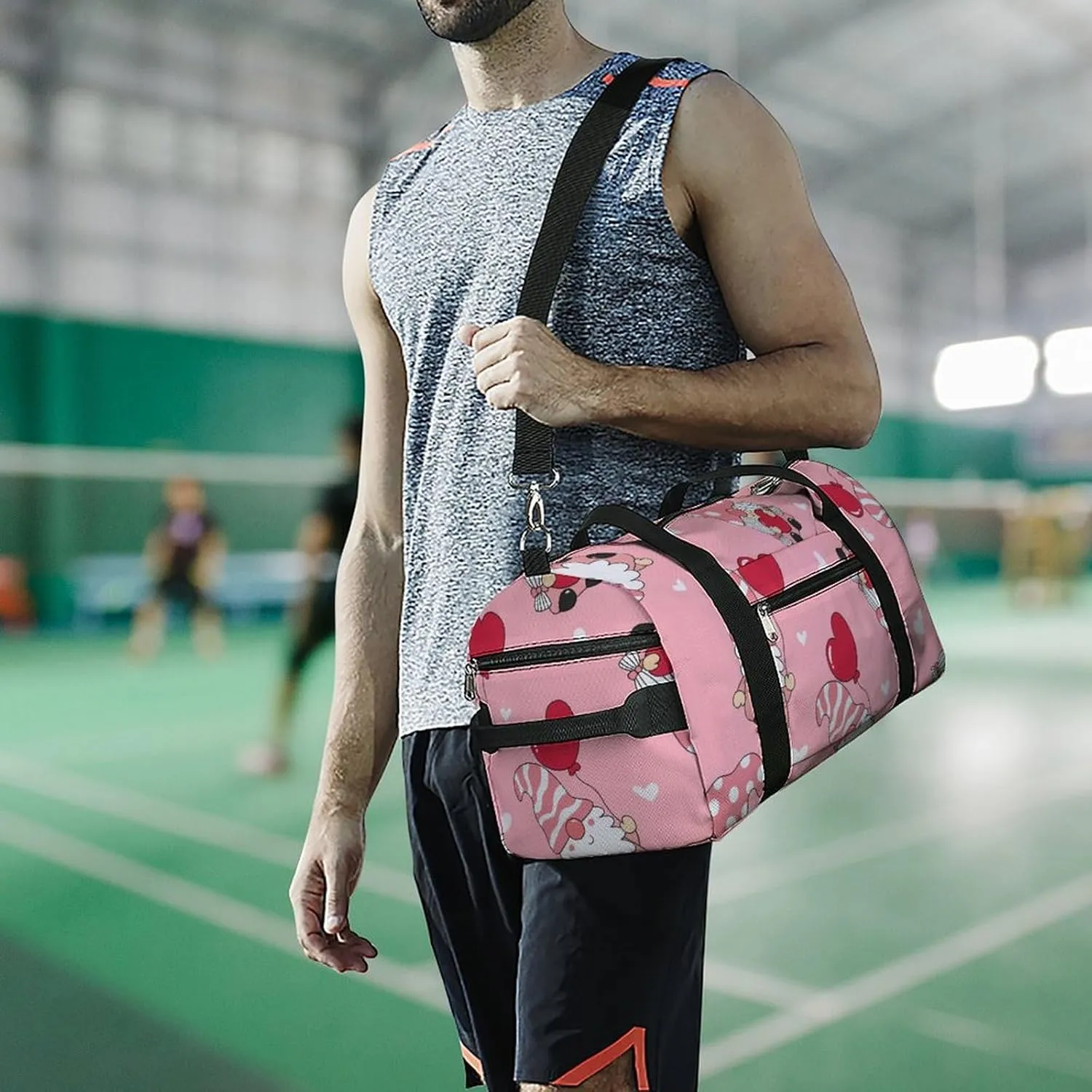 Valentine's Day Gnome Pink Duffel Bag with Shoe Compartment Lightweight for Travel Gym