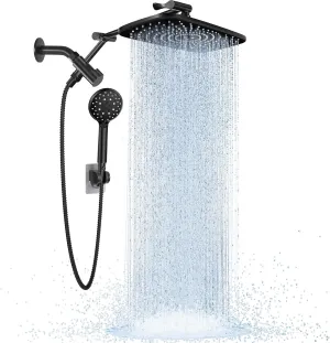 Veken Wide Rain Shower Head with 6 Modes Handheld Water Spray，High Pressure Showerhead Combo with Arm for Bathroom Accessories，Home Decor Adjustable Dual Shower with Anti-Clog Nozzles，Matte Black