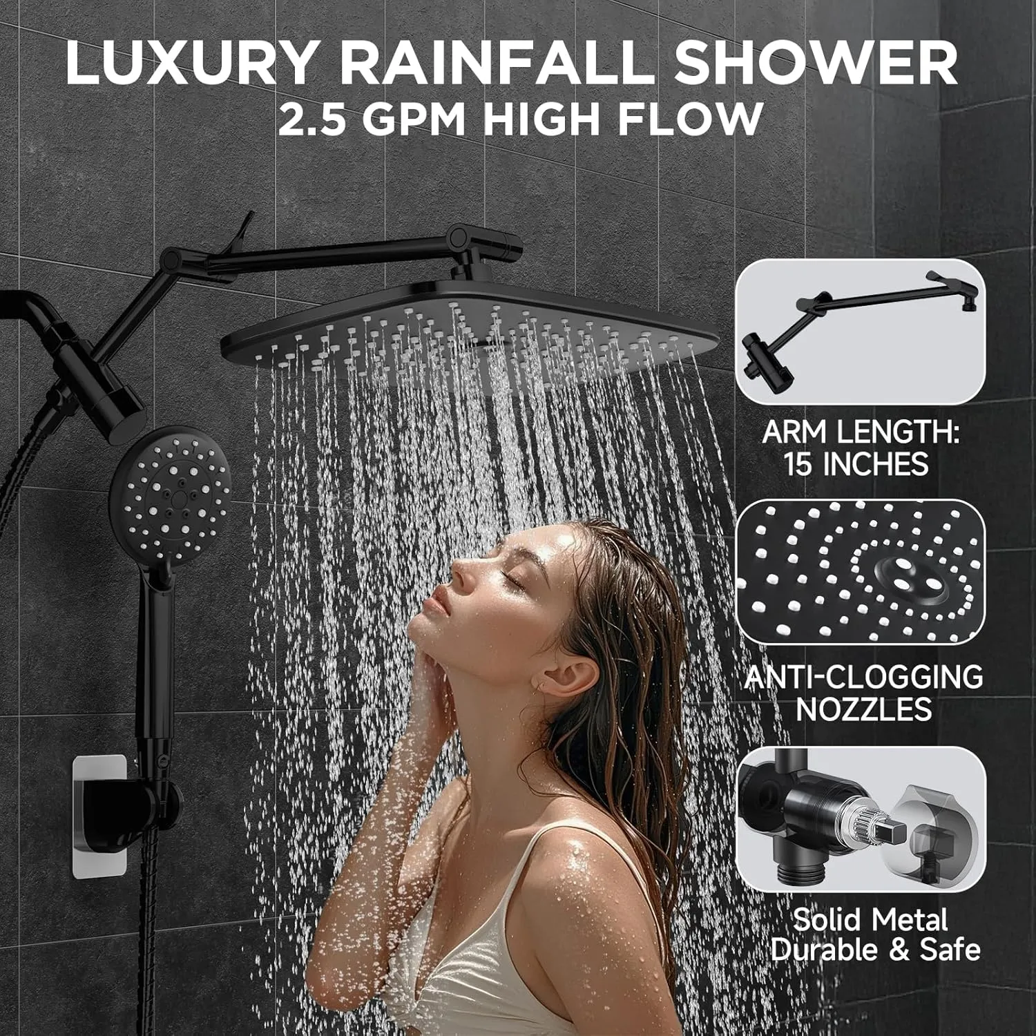 Veken Wide Rain Shower Head with 6 Modes Handheld Water Spray，High Pressure Showerhead Combo with Arm for Bathroom Accessories，Home Decor Adjustable Dual Shower with Anti-Clog Nozzles，Matte Black