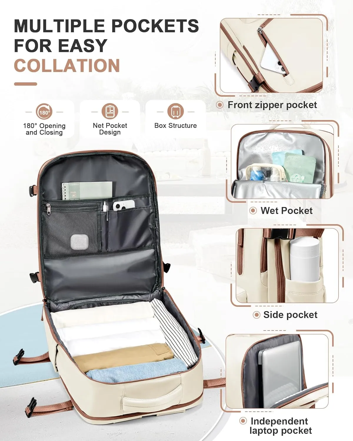 VGCUB Travel Backpack for Women Men for Spirit Airlines Personal Item Bag 18x14x8 Inches Laptop College Backpack,Waterproof Carry on Flight Approved Work Backpack Mochila de Viaje,Large Beige brown