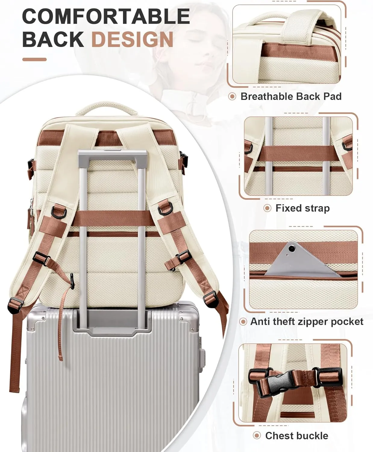 VGCUB Travel Backpack for Women Men for Spirit Airlines Personal Item Bag 18x14x8 Inches Laptop College Backpack,Waterproof Carry on Flight Approved Work Backpack Mochila de Viaje,Large Beige brown