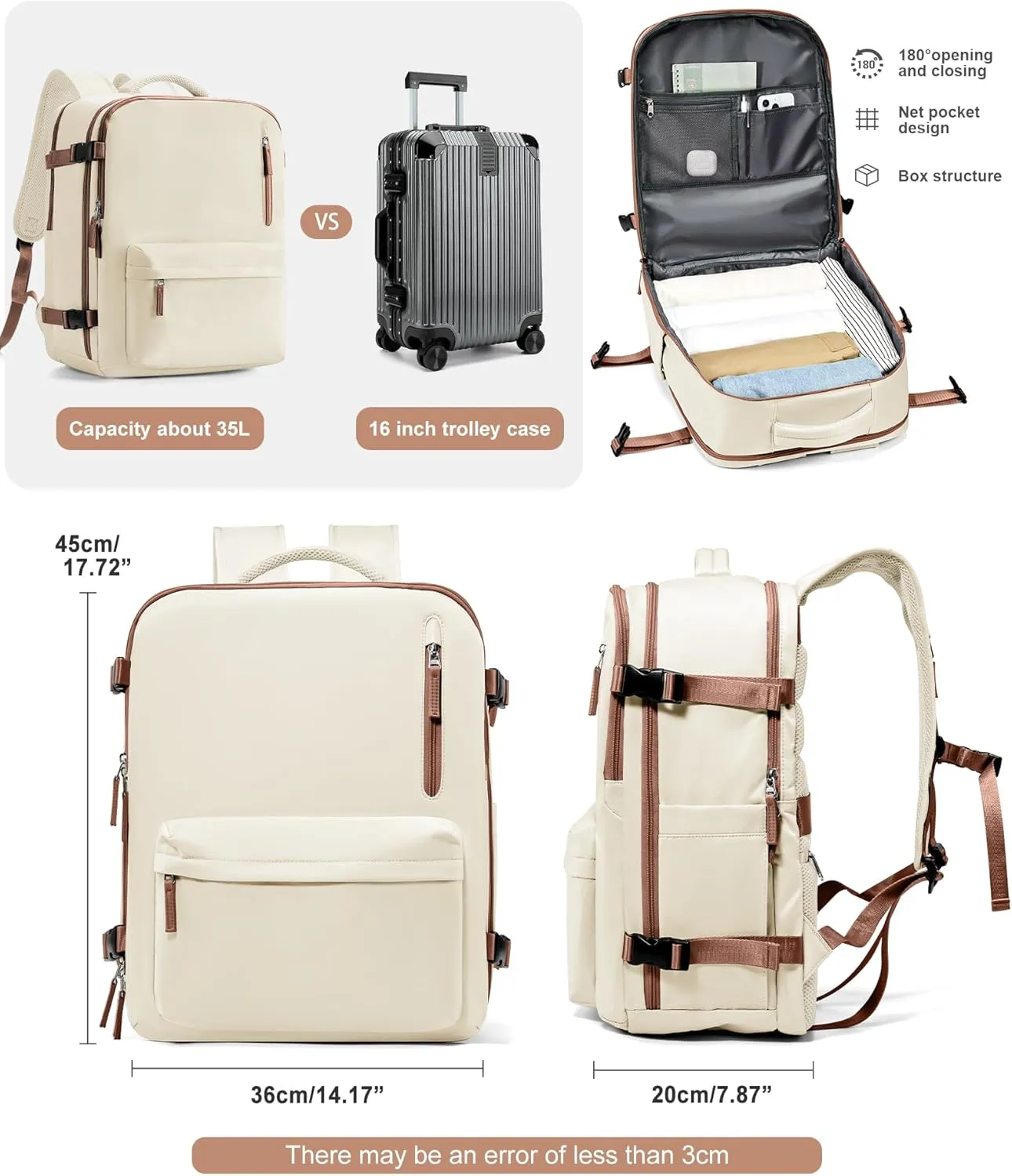 VGCUB Travel Backpack for Women Men for Spirit Airlines Personal Item Bag 18x14x8 Inches Laptop College Backpack,Waterproof Carry on Flight Approved Work Backpack Mochila de Viaje,Large Beige brown