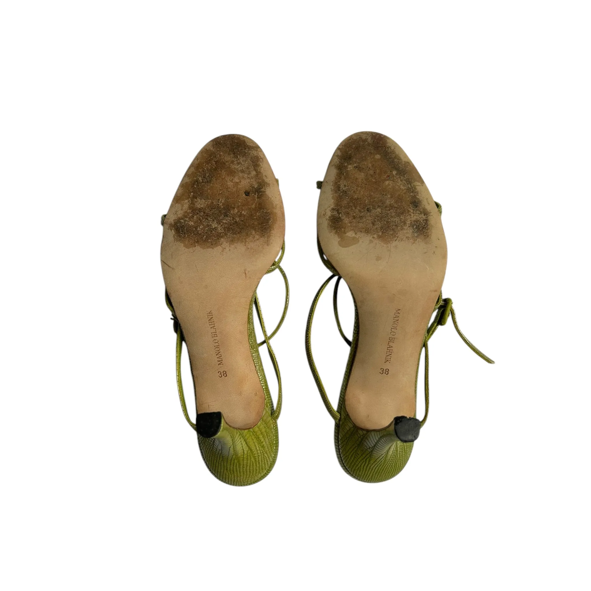 Vintage Manolo Blahnik green lizard skin strap sandal heels / 38