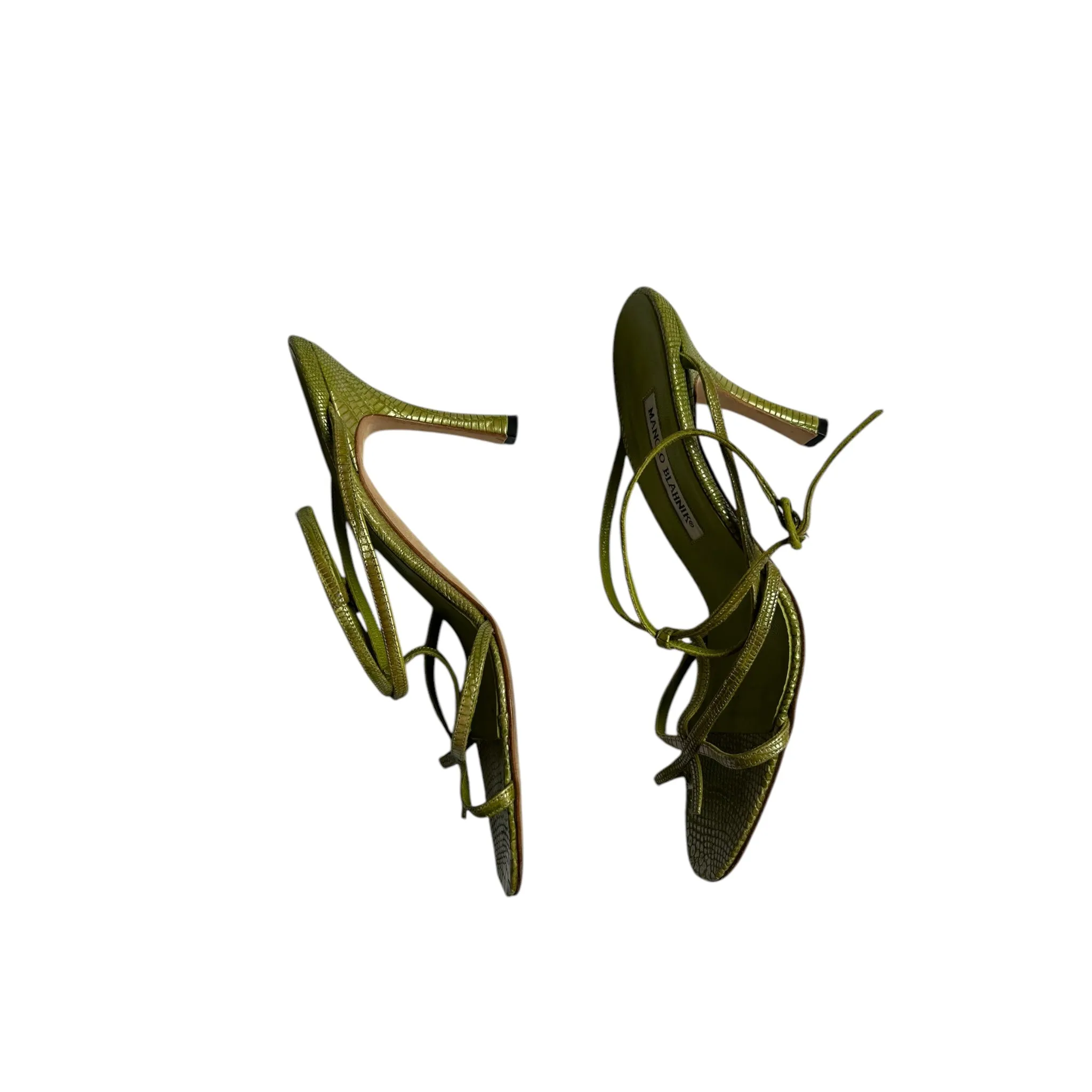 Vintage Manolo Blahnik green lizard skin strap sandal heels / 38