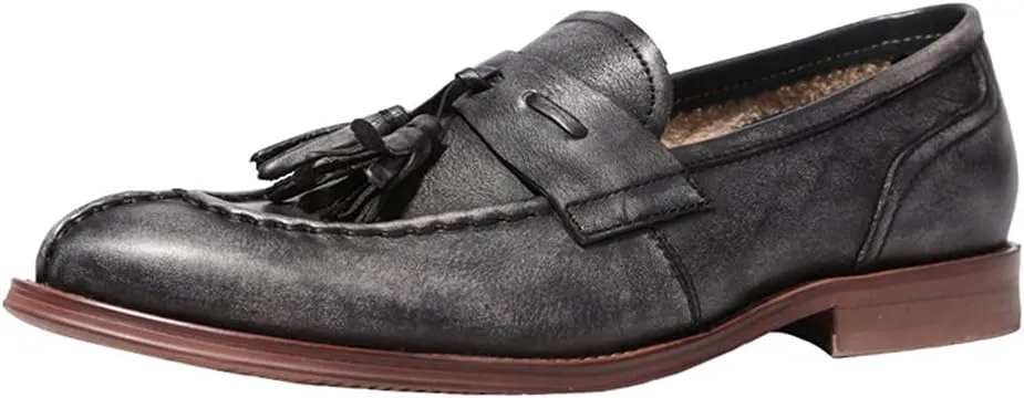 Vintage Tassel Loafers， Mens Manual Slip-On Urban Walking Moccasin Comfortable Leather Shoes,Black- 44/UK 9.5/US 10