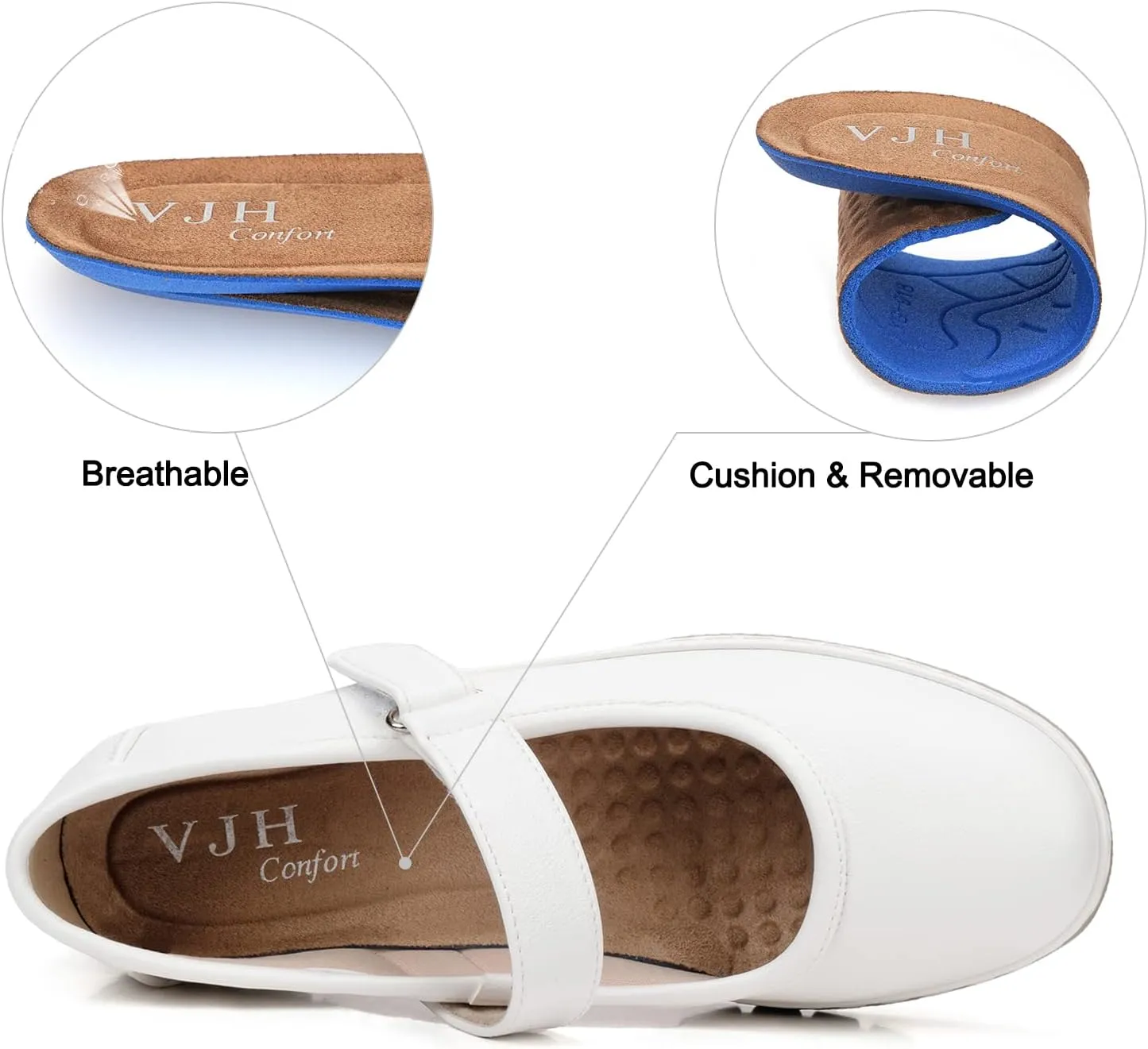 VJH confort Women s Mary Jane Flats, Breathable Comfort Round Toe Low Heel Slip-on Light Weight Walking Shoes
