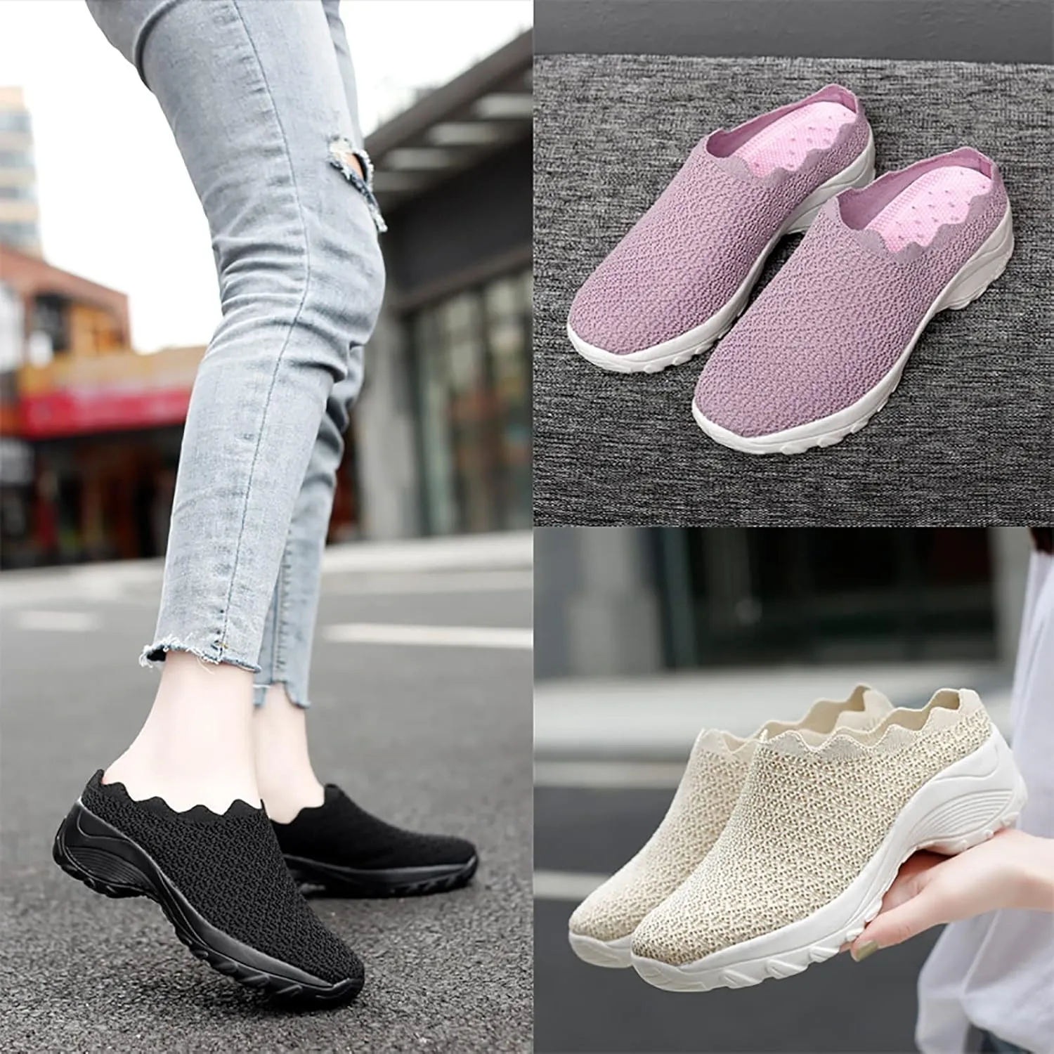 WENOREG Women's Slip on Mesh Mule Loafer Shoes,Fashion Low Wedge Lightweight Breathable Mesh Work Non-Slip Walking Shoes Memory Foam Slippers
