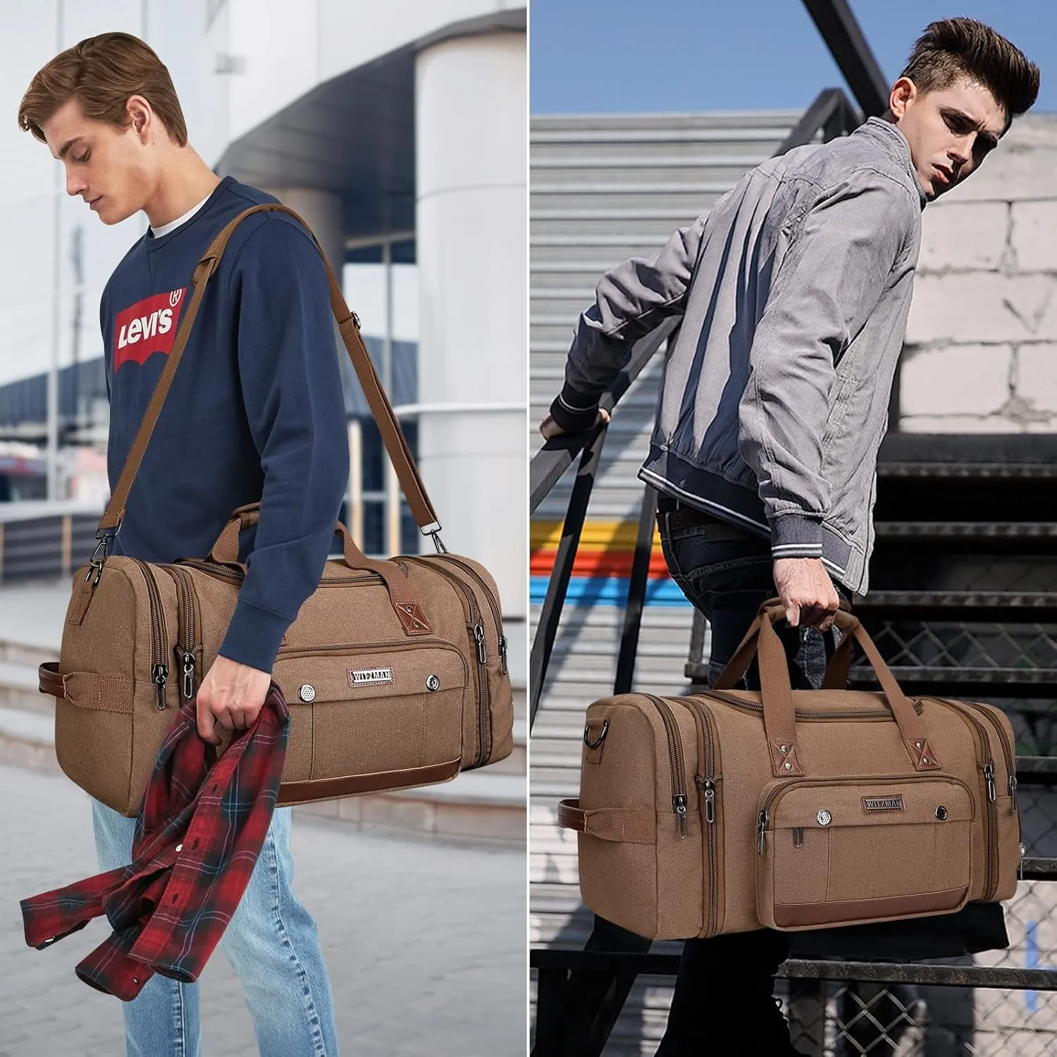 WITZMAN Mens Duffle Bags for Traveling Canvas Weekender Travel Bag Expandable Overnight Bag Carry on Bag(A8007 Brown)