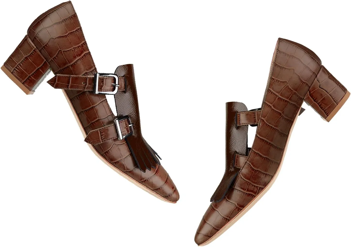 Women Fringe Loafer Pumps Chunky Heel Square Toe Loafers Buckle Strap Crocodile Pattern 2 inch Block Heel Slip On Dress Shoes Tassels Animal Print Sexy Fashion Retro Party 4-11 M US