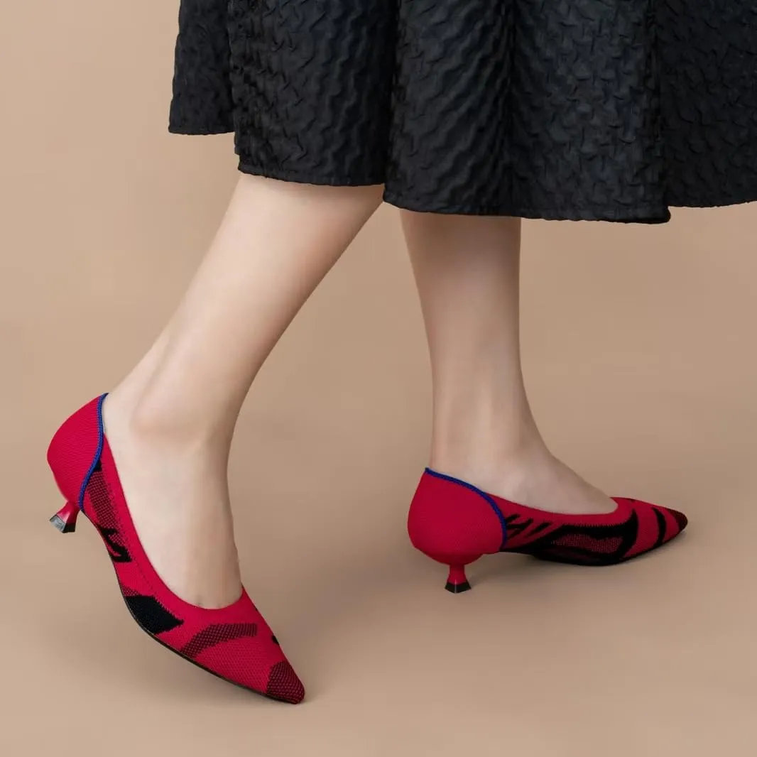 Womens Breathable Mesh Knitted Kitten Heels Pumps Classical Pointed Toe Comfortable Casual Formal Dress Party Shoes