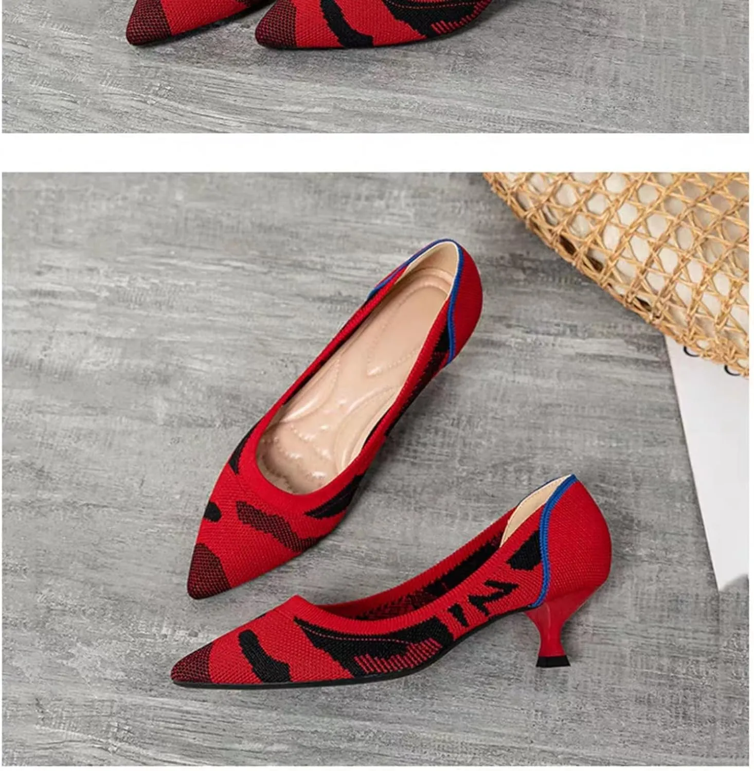 Womens Breathable Mesh Knitted Kitten Heels Pumps Classical Pointed Toe Comfortable Casual Formal Dress Party Shoes