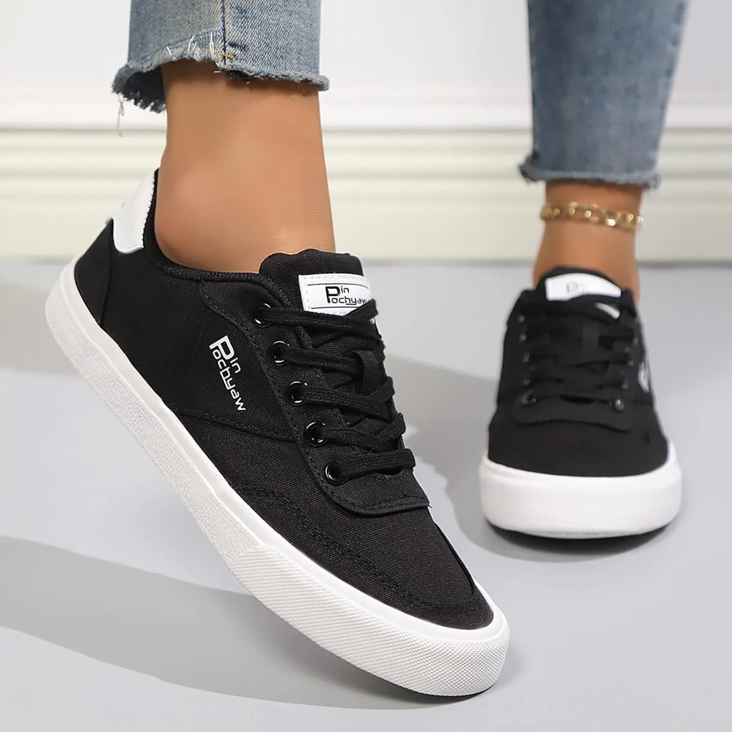 Womens Canvas Sneakers Lace Up Canvas Loafers Casual Non Slip Walking Shoes Classic Simple Flat Fashion Sneakers