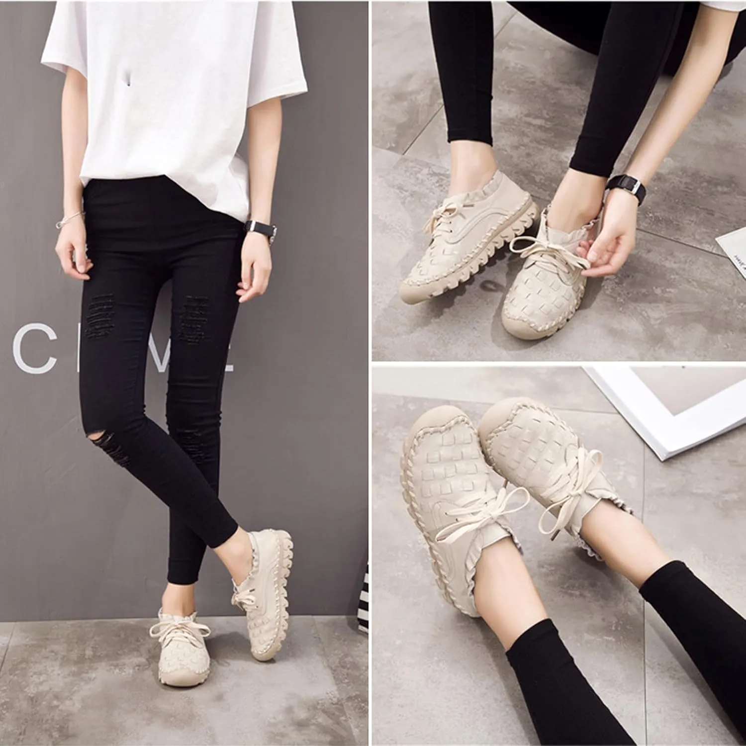 Women's Hand Stitching Lace-up Flat Loafers,Comfortable Classic Woven SOFE Leather Round Toe Non-Slip Breathable Mom Shoes Leisure Walk Soft Sole Driving Shoes