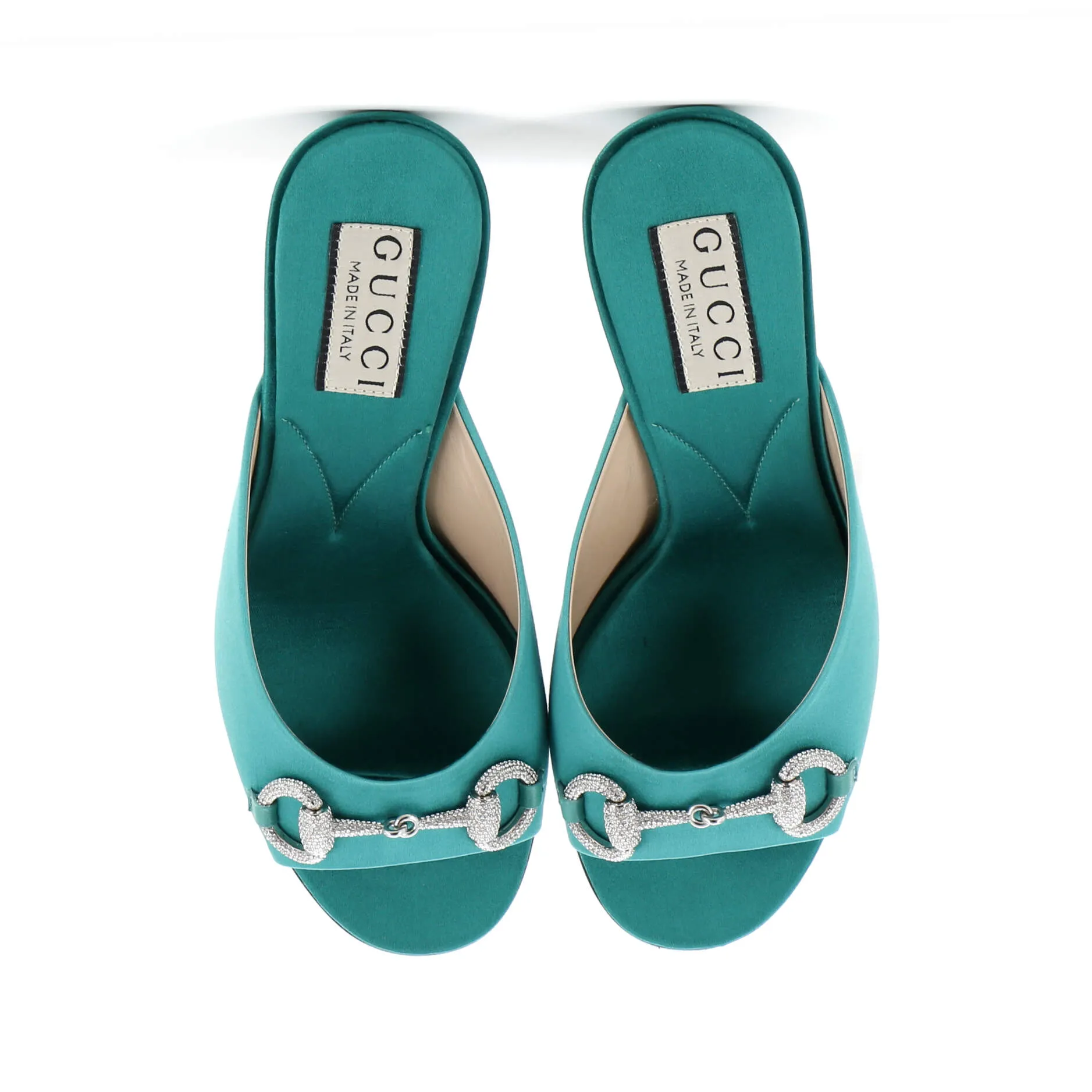 Women's Horsebit Heeled Mule Sandals Satin with Crystals