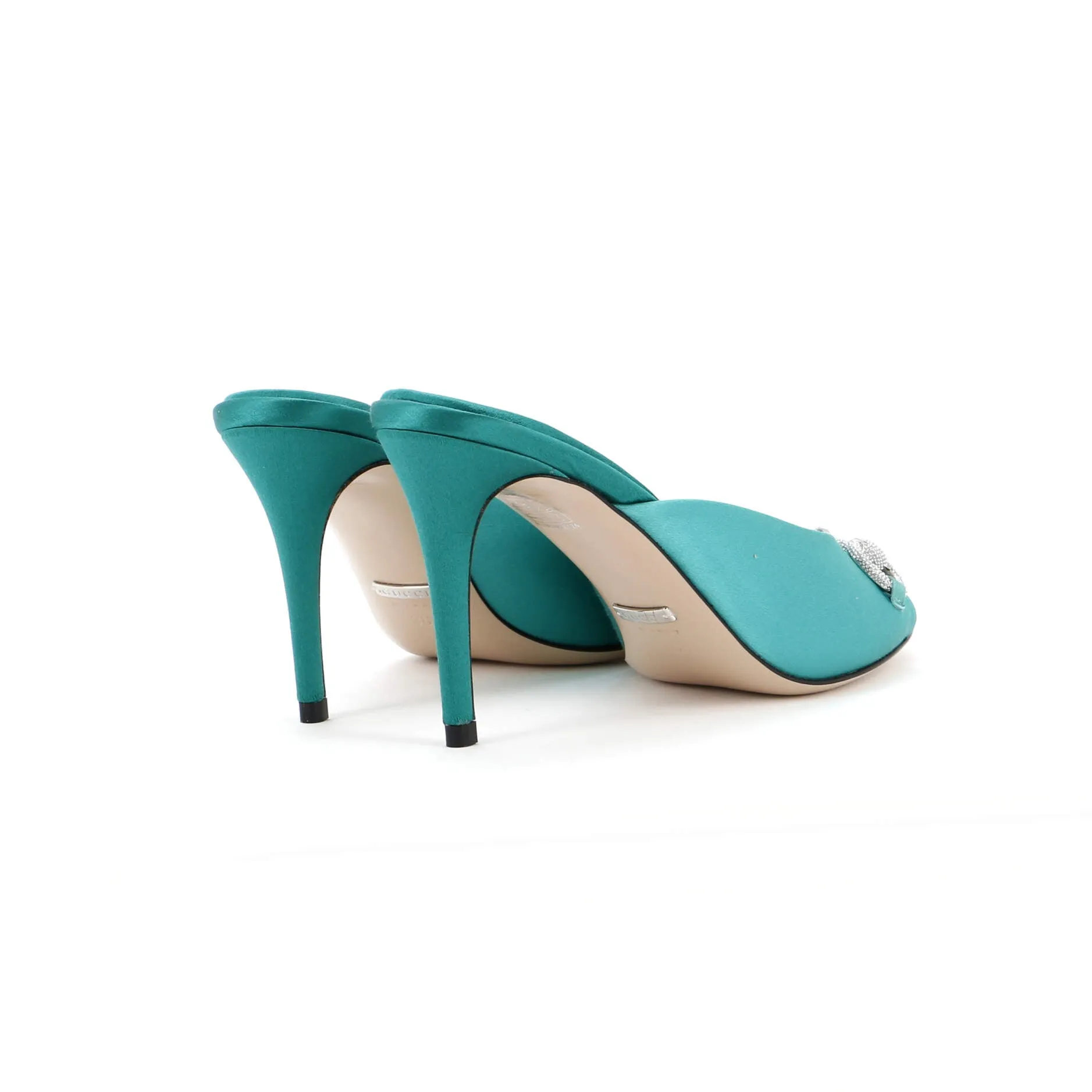 Women's Horsebit Heeled Mule Sandals Satin with Crystals
