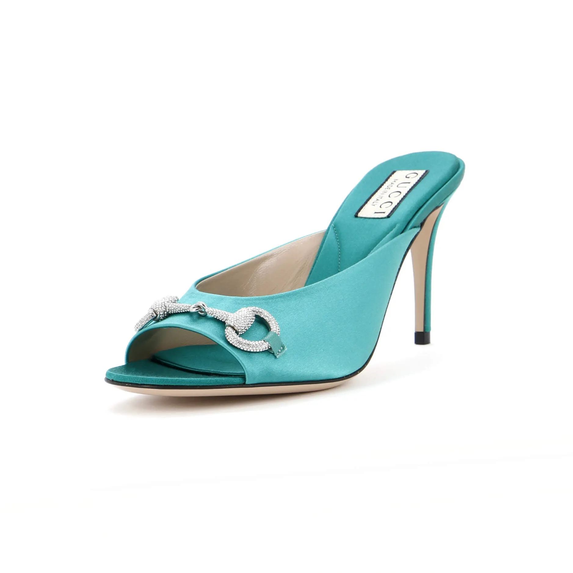 Women's Horsebit Heeled Mule Sandals Satin with Crystals