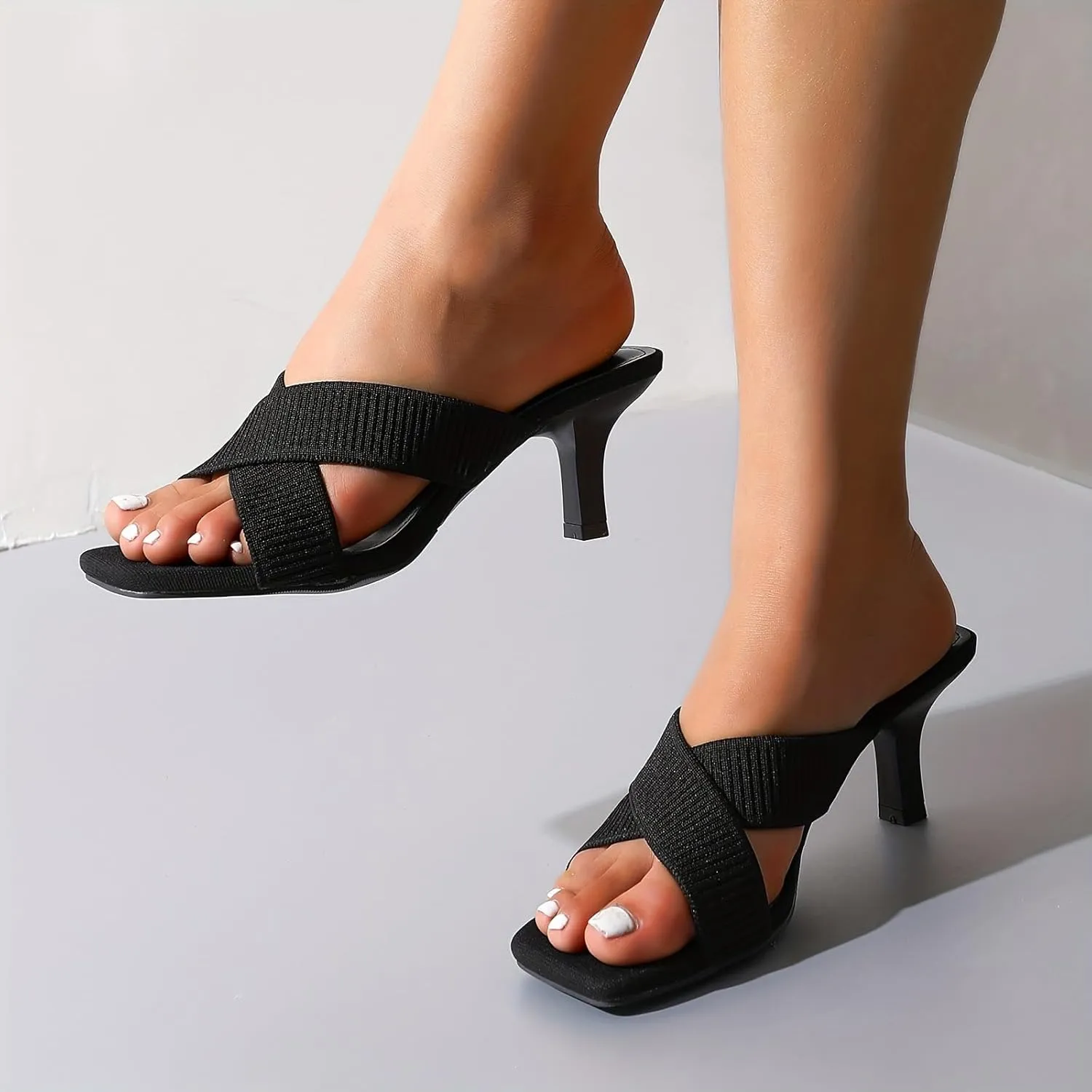 Women's Knitted Crossover Strap Stiletto High Heels Sandals Fashion Square Open Toe Slip On High Heel Mules Sandals Summer Party Dance Dress Slides