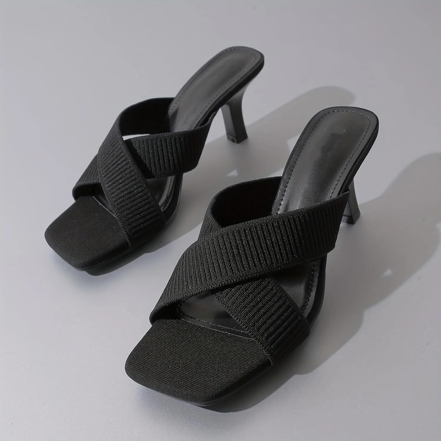 Women's Knitted Crossover Strap Stiletto High Heels Sandals Fashion Square Open Toe Slip On High Heel Mules Sandals Summer Party Dance Dress Slides