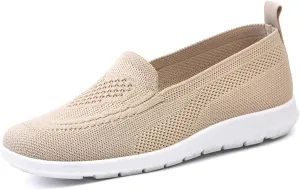 Women's Knitted Mesh Comfort Loafers,Slip on Lightweight Soft Lightweight Casual Shoes,Summer Knit Ballet Flat Sneakers. (Khaki,6.5)