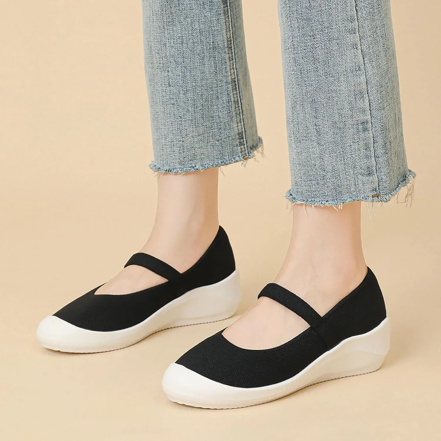 Women'S Knitted Platform Orthopedic Walking Mary Janes with Elastic Band Comfortable Breathable Lightweight Wedge Arch Support Sneakers Casual Soft Sole Nurse Mom Work Shoes