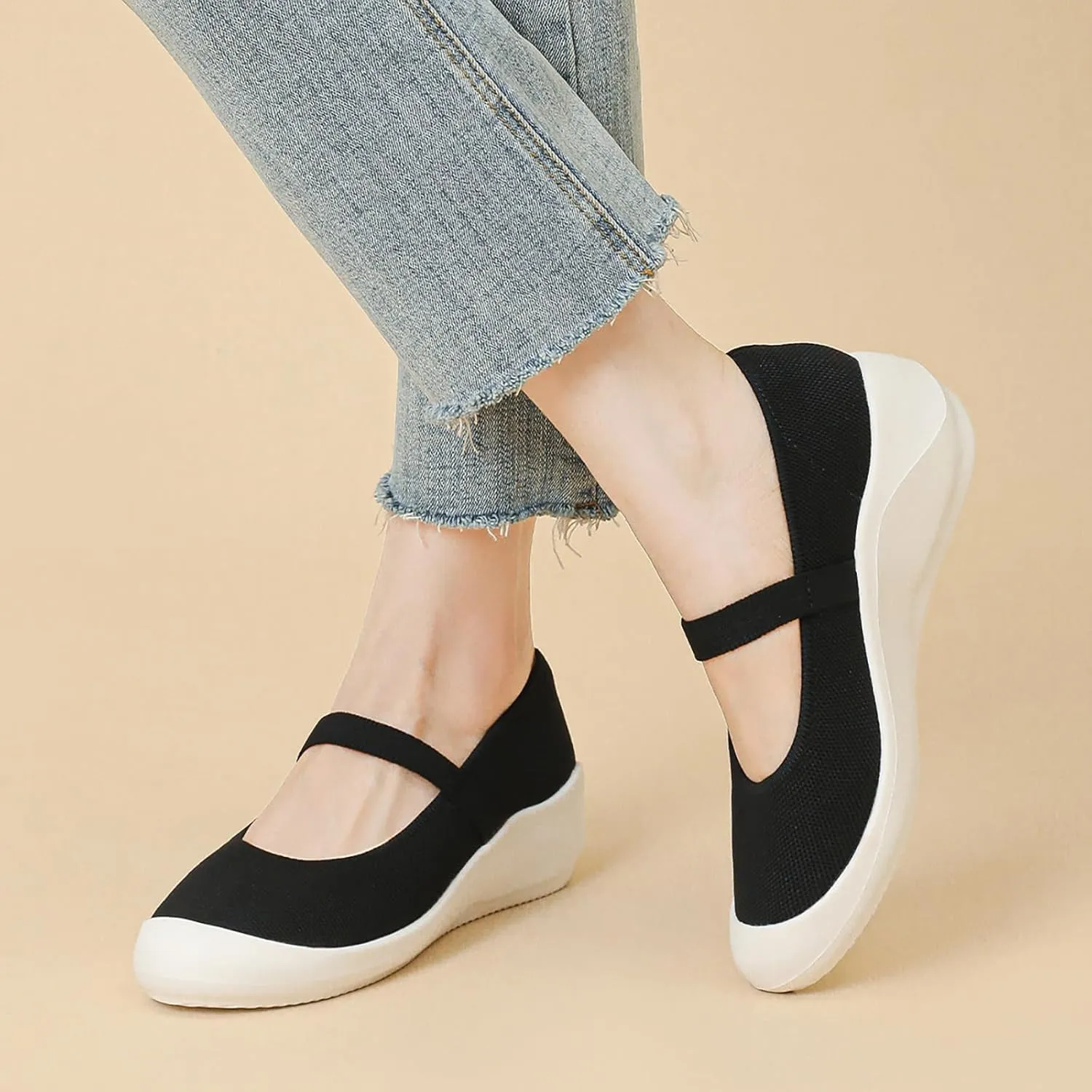 Women'S Knitted Platform Orthopedic Walking Mary Janes with Elastic Band Comfortable Breathable Lightweight Wedge Arch Support Sneakers Casual Soft Sole Nurse Mom Work Shoes