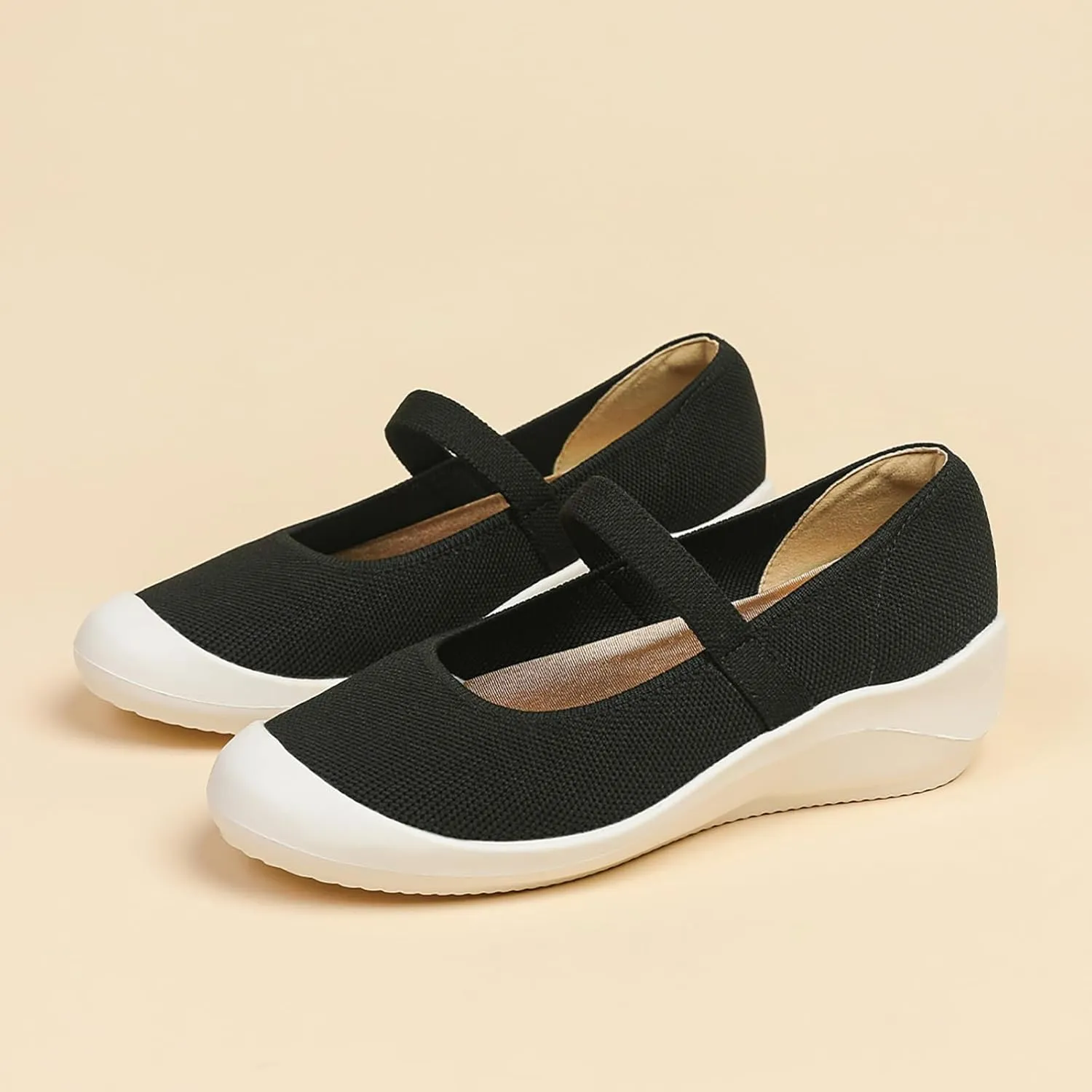 Women'S Knitted Platform Orthopedic Walking Mary Janes with Elastic Band Comfortable Breathable Lightweight Wedge Arch Support Sneakers Casual Soft Sole Nurse Mom Work Shoes