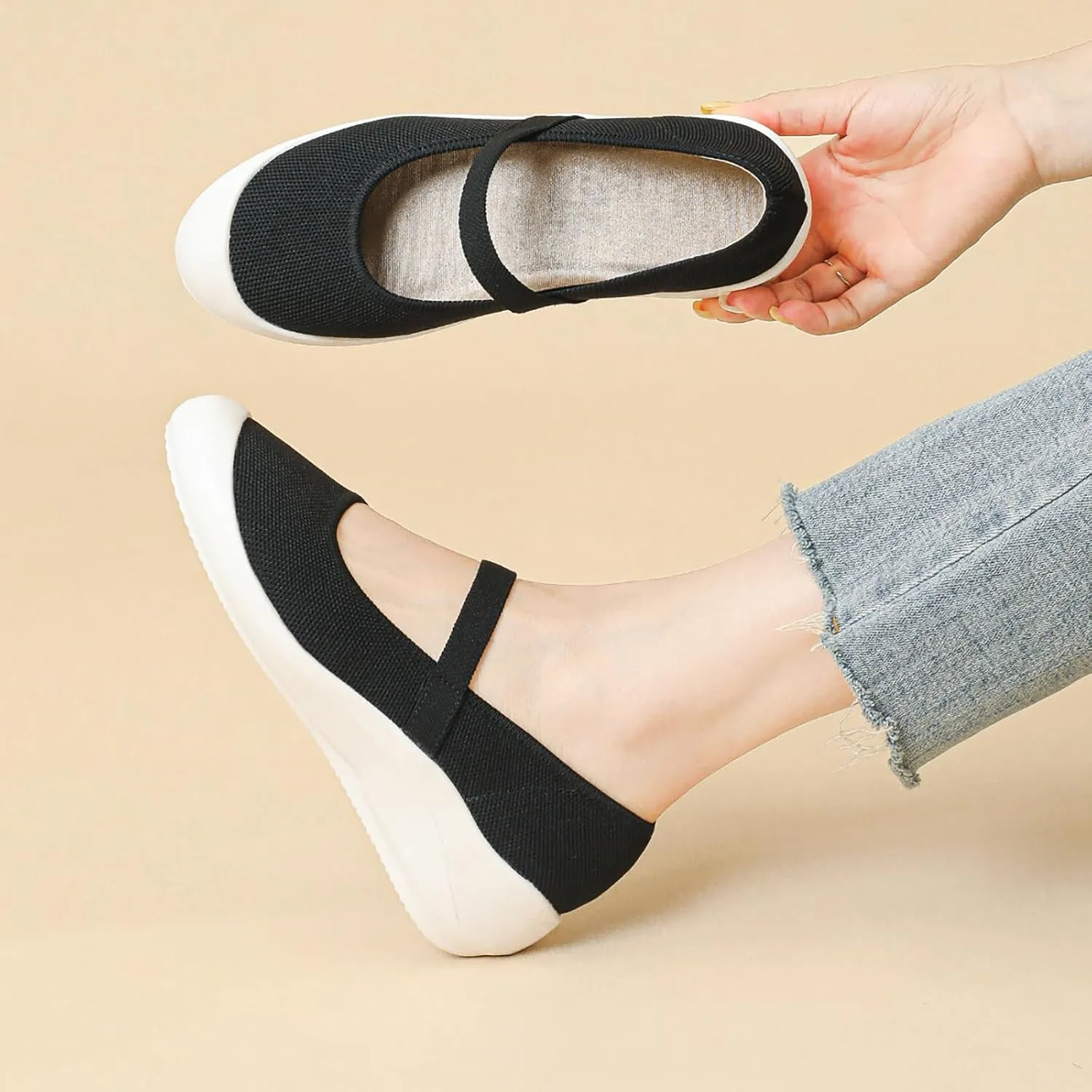 Women'S Knitted Platform Orthopedic Walking Mary Janes with Elastic Band Comfortable Breathable Lightweight Wedge Arch Support Sneakers Casual Soft Sole Nurse Mom Work Shoes