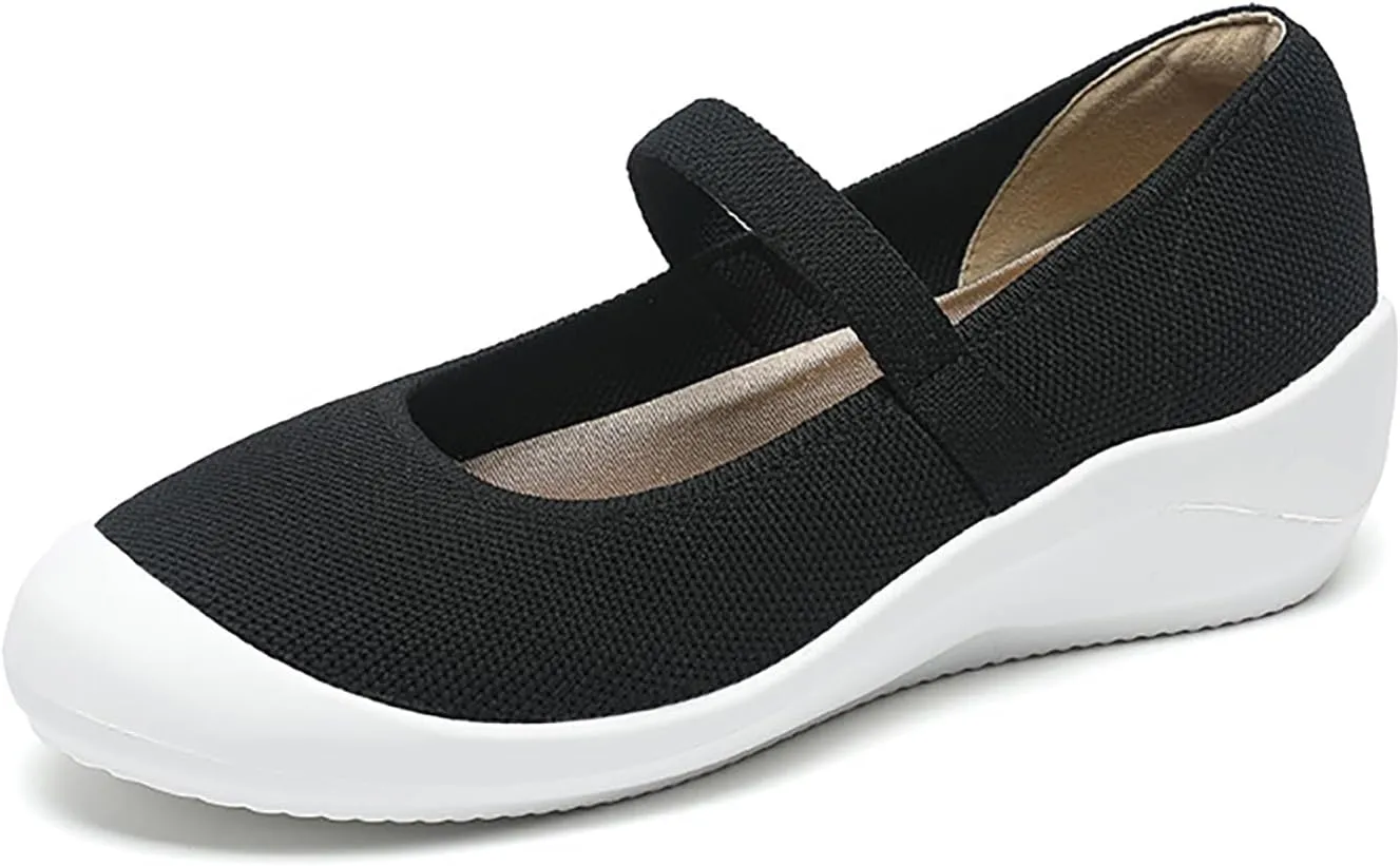 Women'S Knitted Platform Orthopedic Walking Mary Janes with Elastic Band Comfortable Breathable Lightweight Wedge Arch Support Sneakers Casual Soft Sole Nurse Mom Work Shoes