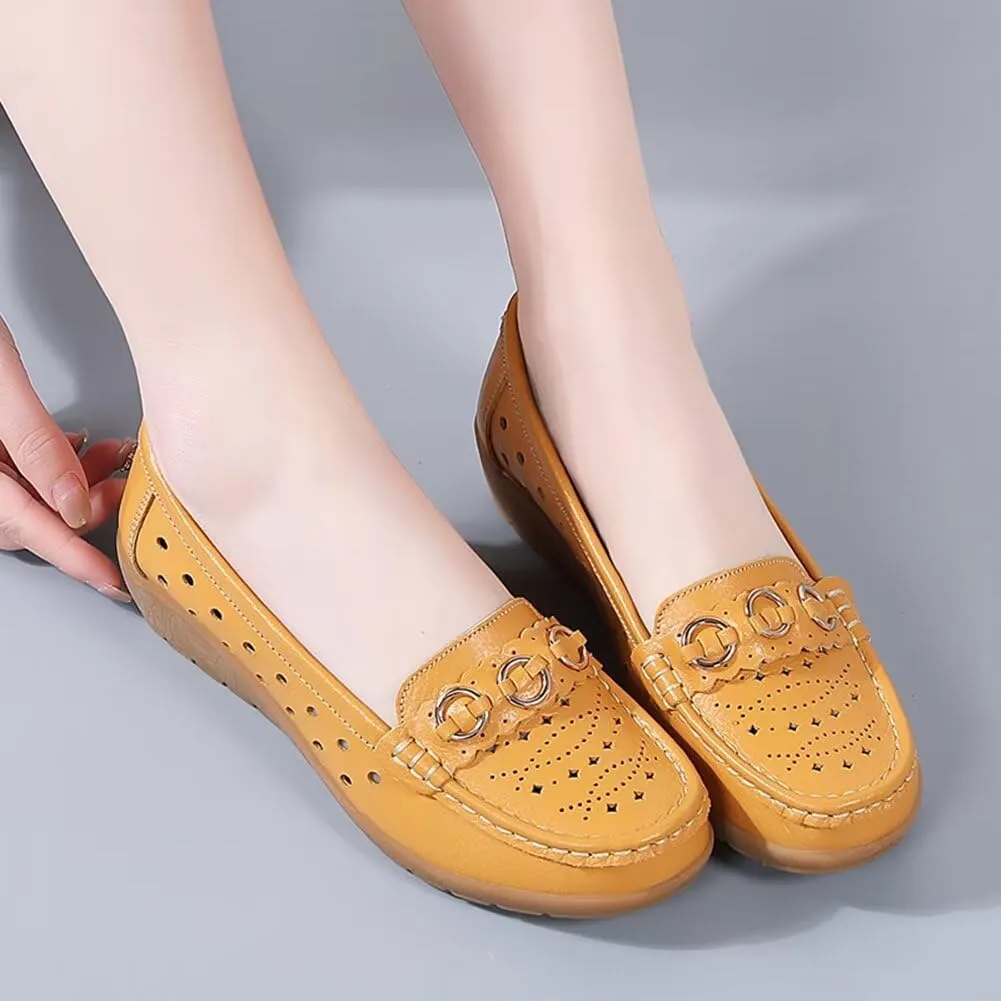 Women's Leather Classic Wedge Moccasins Slip-Ons Casual Walking Driving Cutout Breathable