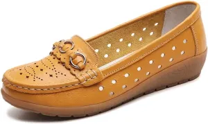 Women's Leather Classic Wedge Moccasins Slip-Ons Casual Walking Driving Cutout Breathable