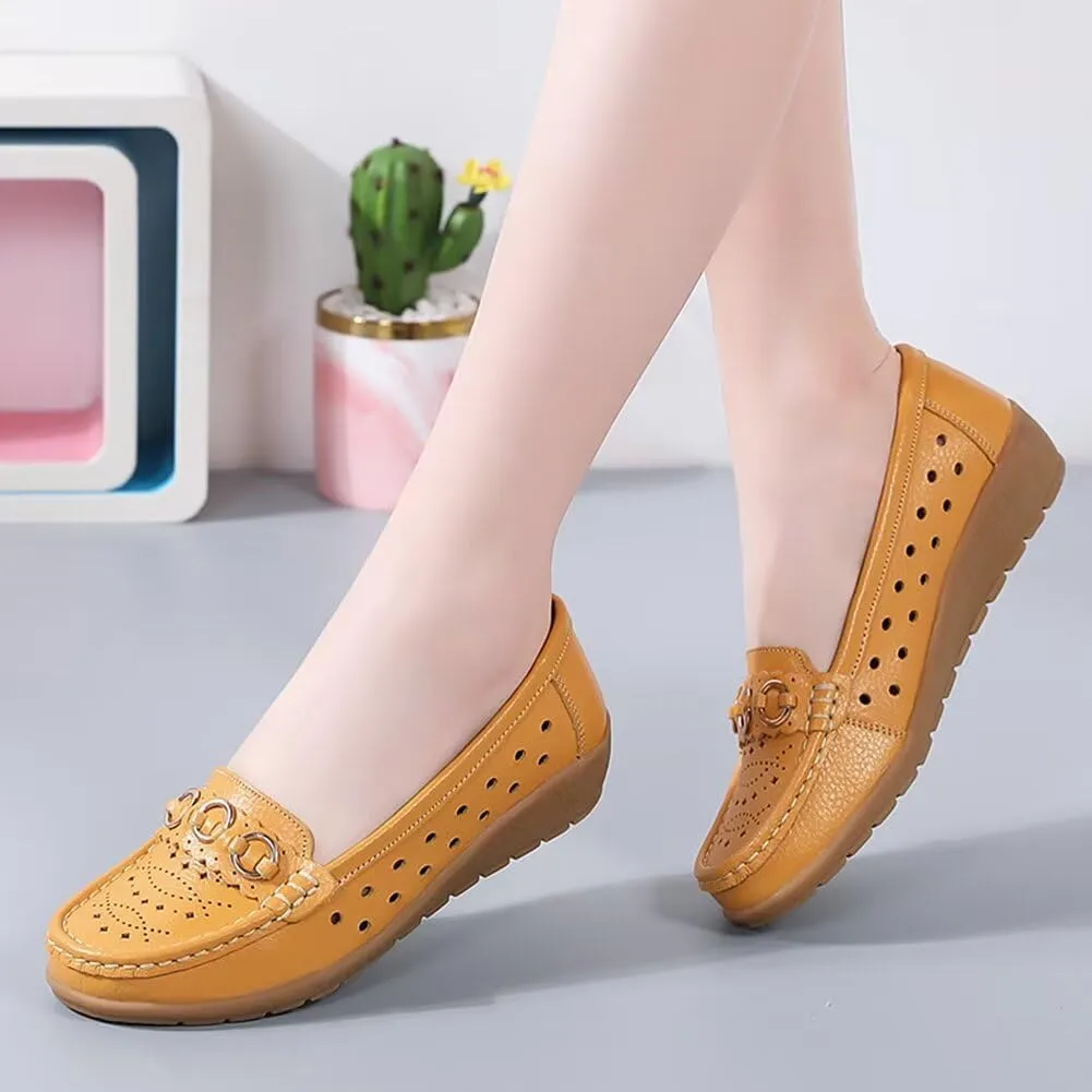 Women's Leather Classic Wedge Moccasins Slip-Ons Casual Walking Driving Cutout Breathable