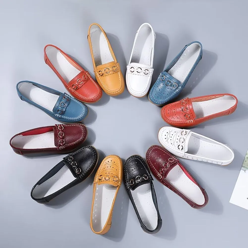 Women's Leather Classic Wedge Moccasins Slip-Ons Casual Walking Driving Cutout Breathable