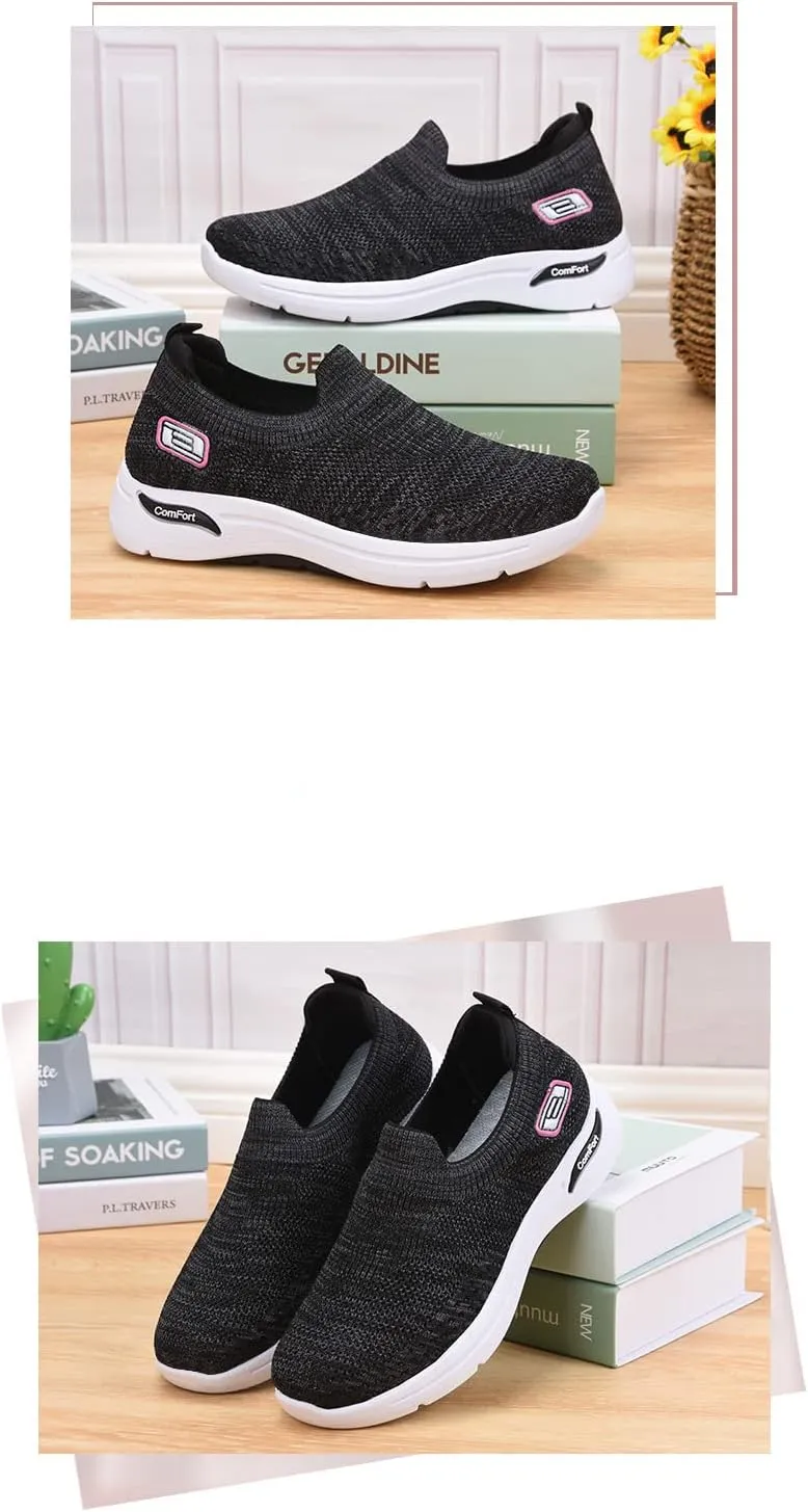 Women's Lightweight Slip-On Walking Shoes - Breathable Athletic Tennis Sneakers with Soft Knitted Fabric for Casual Gym Running of All Ages