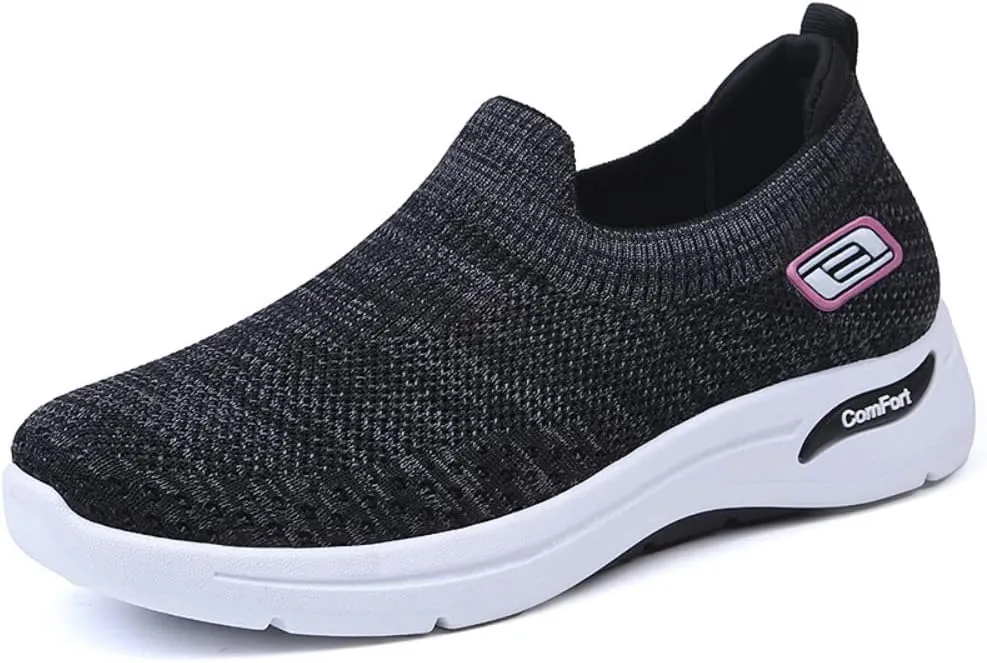 Women's Lightweight Slip-On Walking Shoes - Breathable Athletic Tennis Sneakers with Soft Knitted Fabric for Casual Gym Running of All Ages