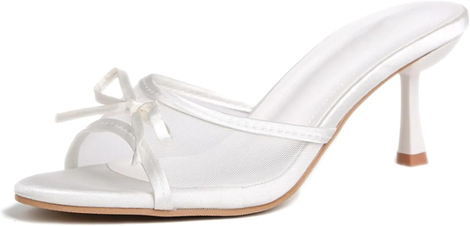 Women's Mesh Bow Fish Mouth Kitten Heel Mules Slide Sandals Comfort Sexy Open toe Slip On Stiletto Backless Dress Slippers for Summer Party Wedding Work