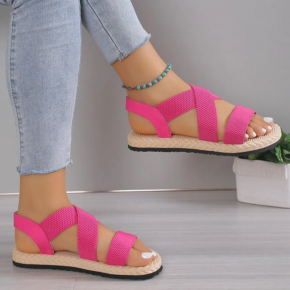 Women's Open Toe Elastic Ankle Strap Flat Summer Beach Sandal Comfy Slip on Sandals Dressy Strappy Shoes Sandals