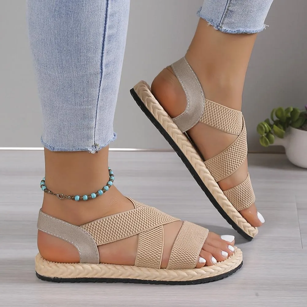 Women's Open Toe Elastic Ankle Strap Flat Summer Beach Sandal Comfy Slip on Sandals Dressy Strappy Shoes Sandals