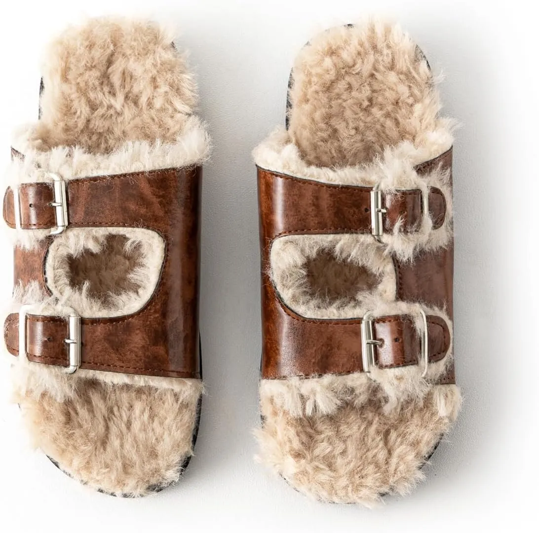 Womens Open Toe Fuzzy Slipper with Faux Fur Lining Cork Slide Sandals Adjustable Buckles