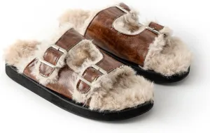 Womens Open Toe Fuzzy Slipper with Faux Fur Lining Cork Slide Sandals Adjustable Buckles
