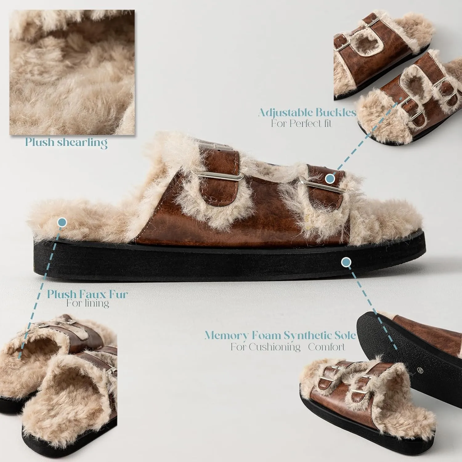 Womens Open Toe Fuzzy Slipper with Faux Fur Lining Cork Slide Sandals Adjustable Buckles