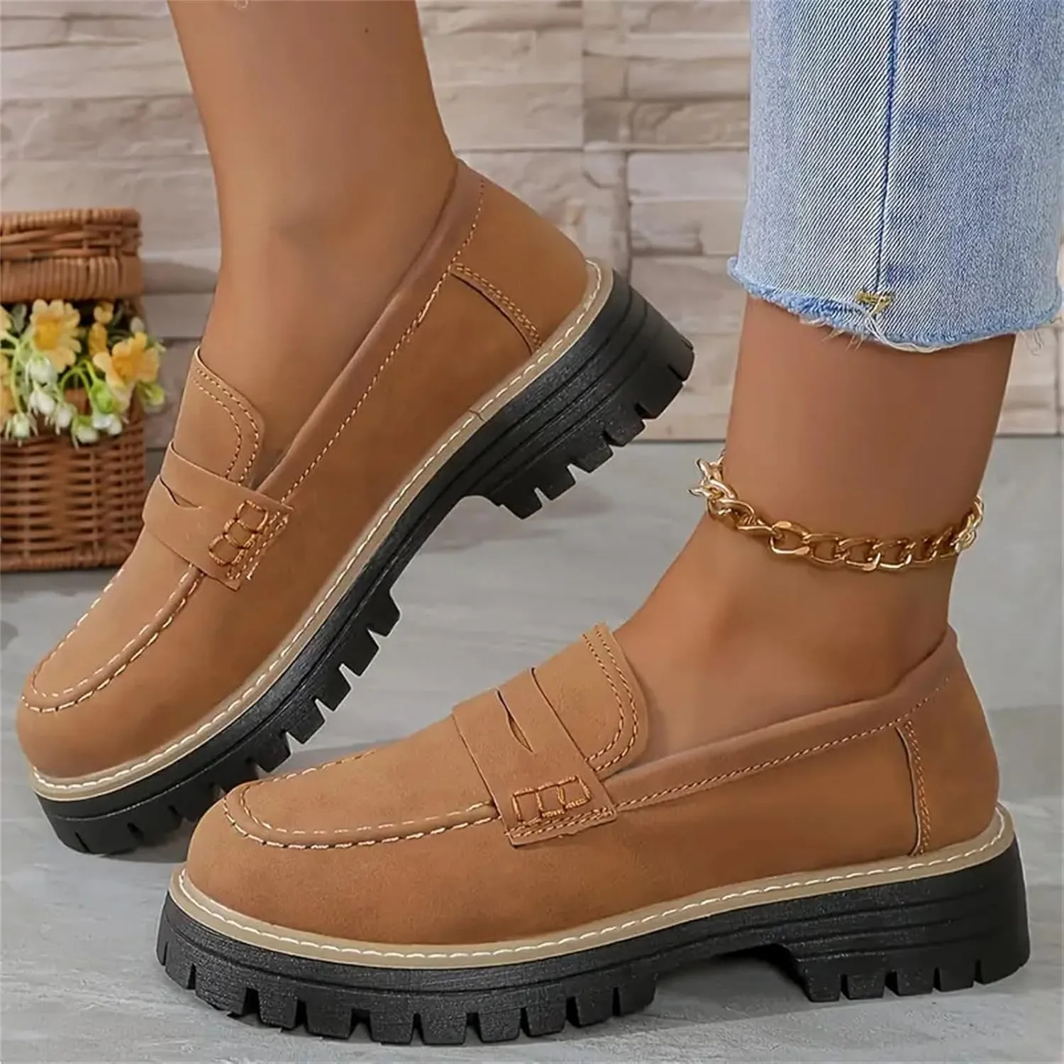 Womens Platform Chunky Penny Loafer Lug Sole Slip Comfortable Suede Dress Work Office Business Casual Shoes