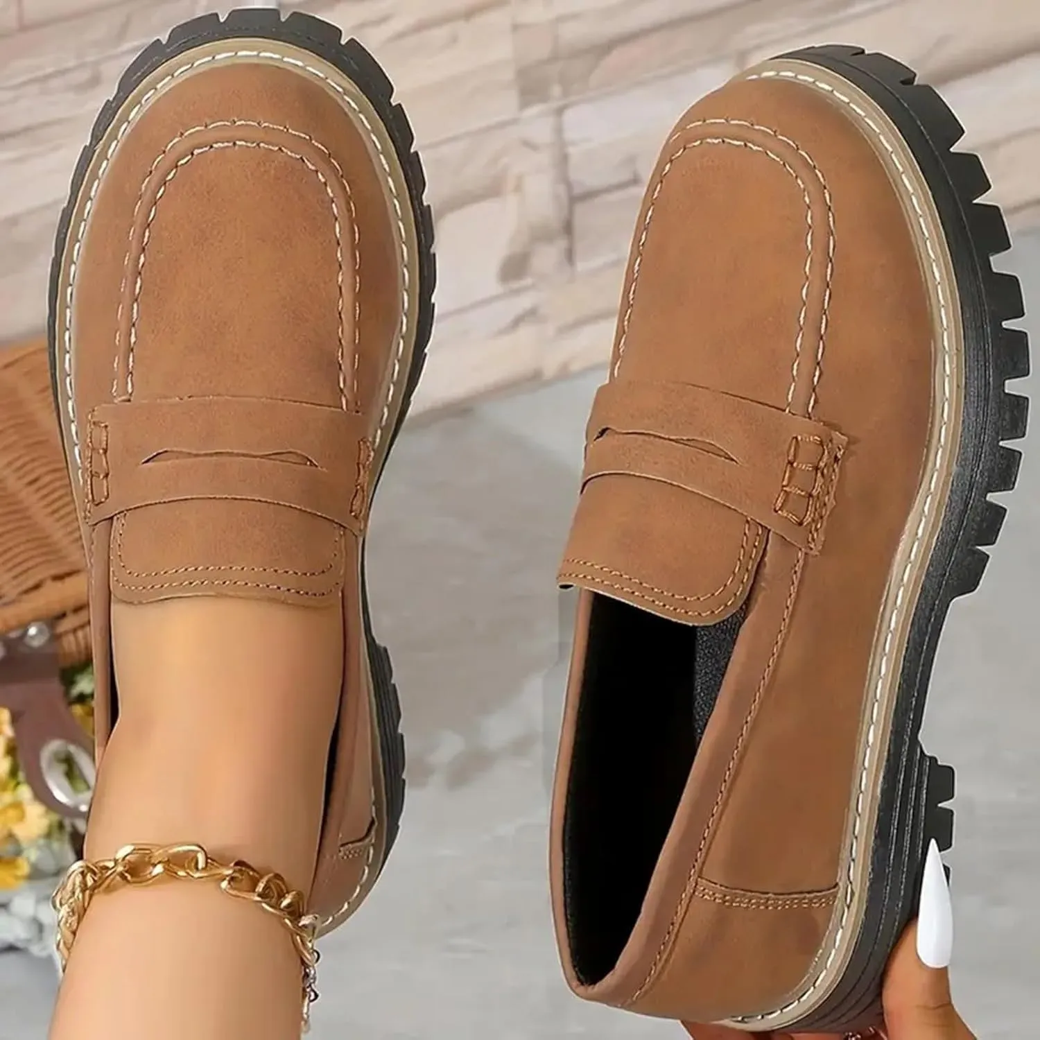 Womens Platform Chunky Penny Loafer Lug Sole Slip Comfortable Suede Dress Work Office Business Casual Shoes