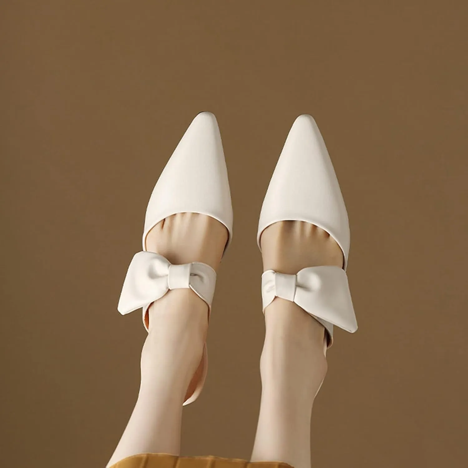 Womens Pointed Toe Bow Mules Mid Heel Slip On Backless Kitten Chunky Heel Comfy Slide Mule Shoes